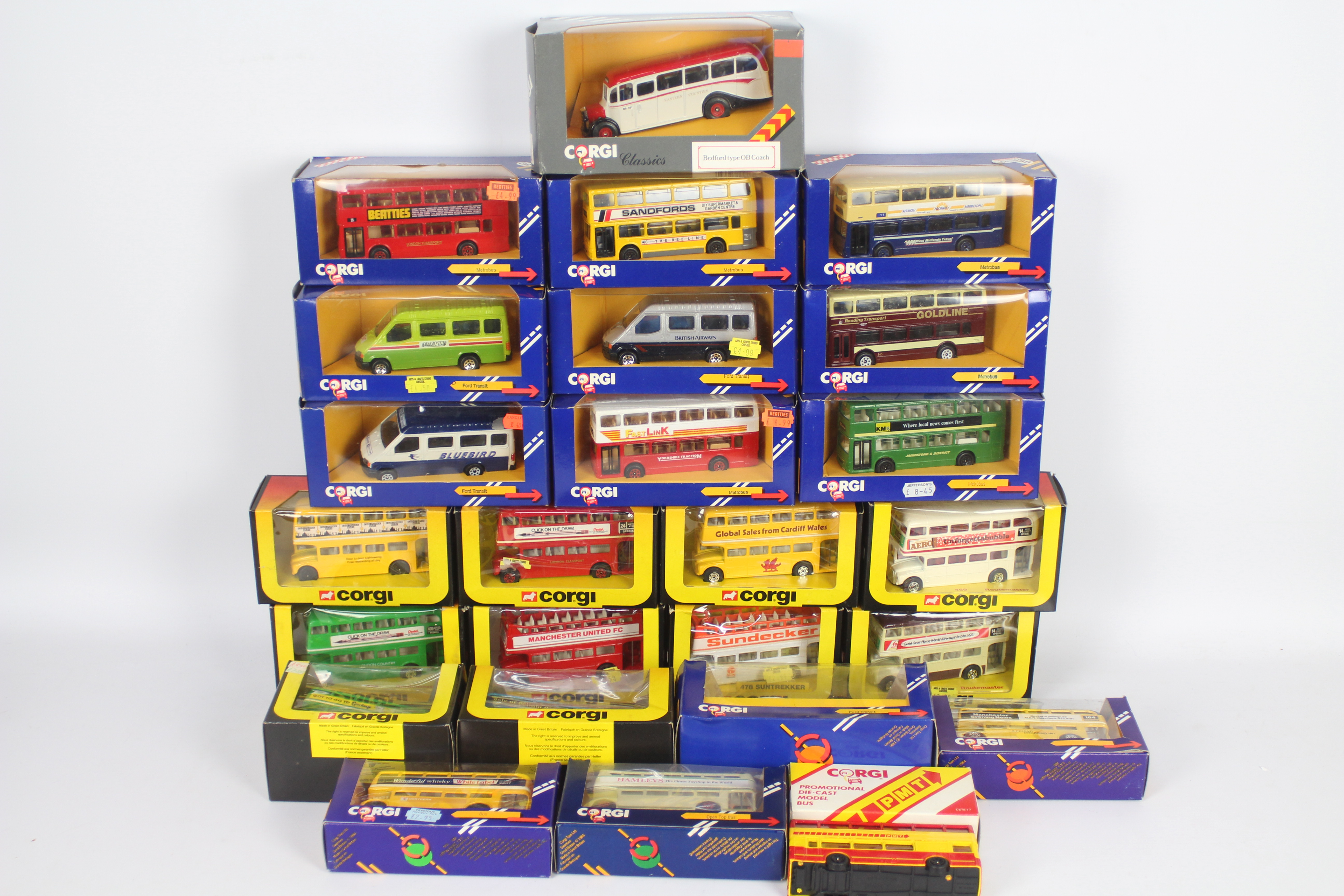 Corgi - 25 x boxed bus and van models including # C528 Hamleys Open Top Routemaster, # C.