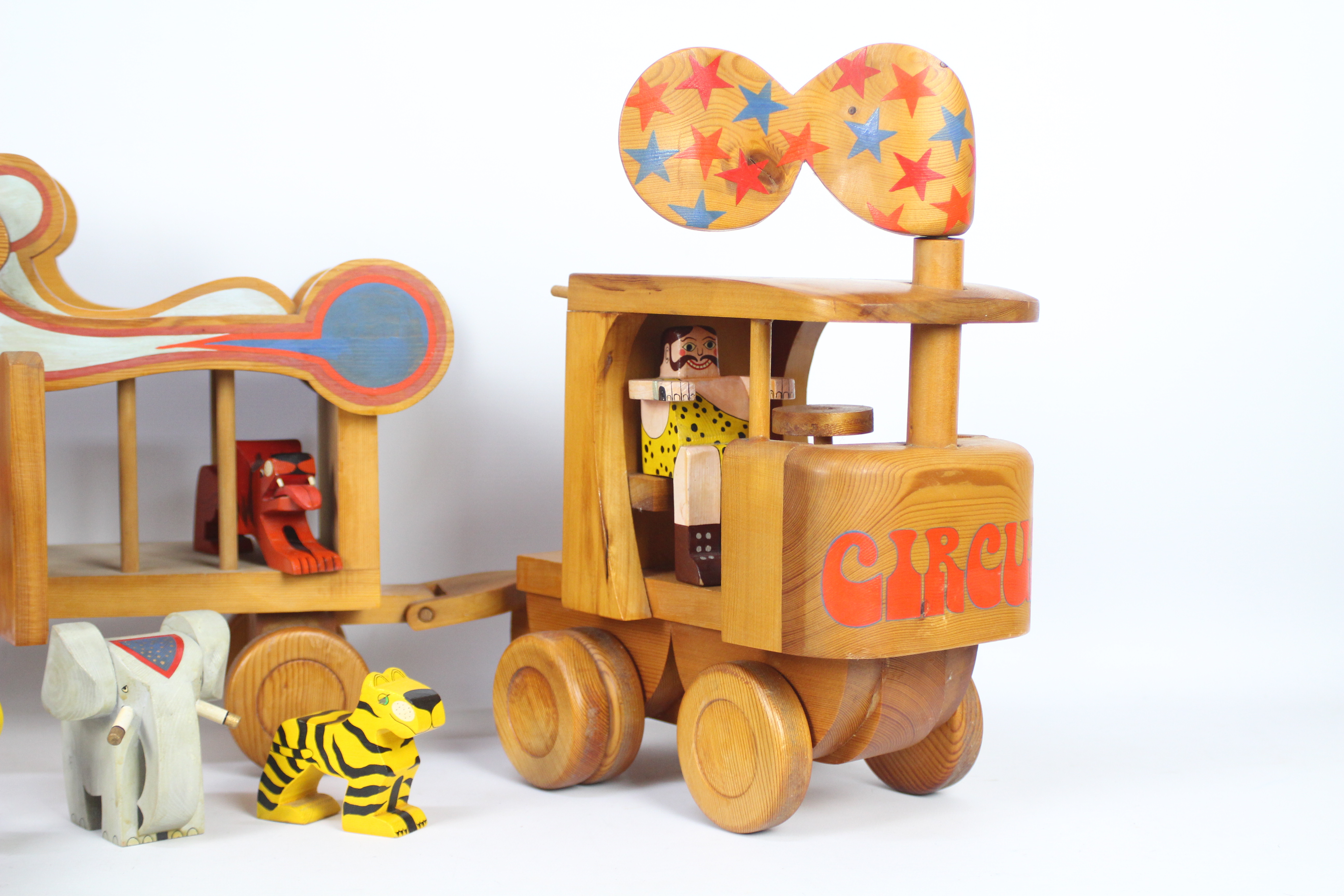 Frank Egerton - A rare hand crafted wooden Circus Lorry and Trailer complete with driver figure and - Image 8 of 9