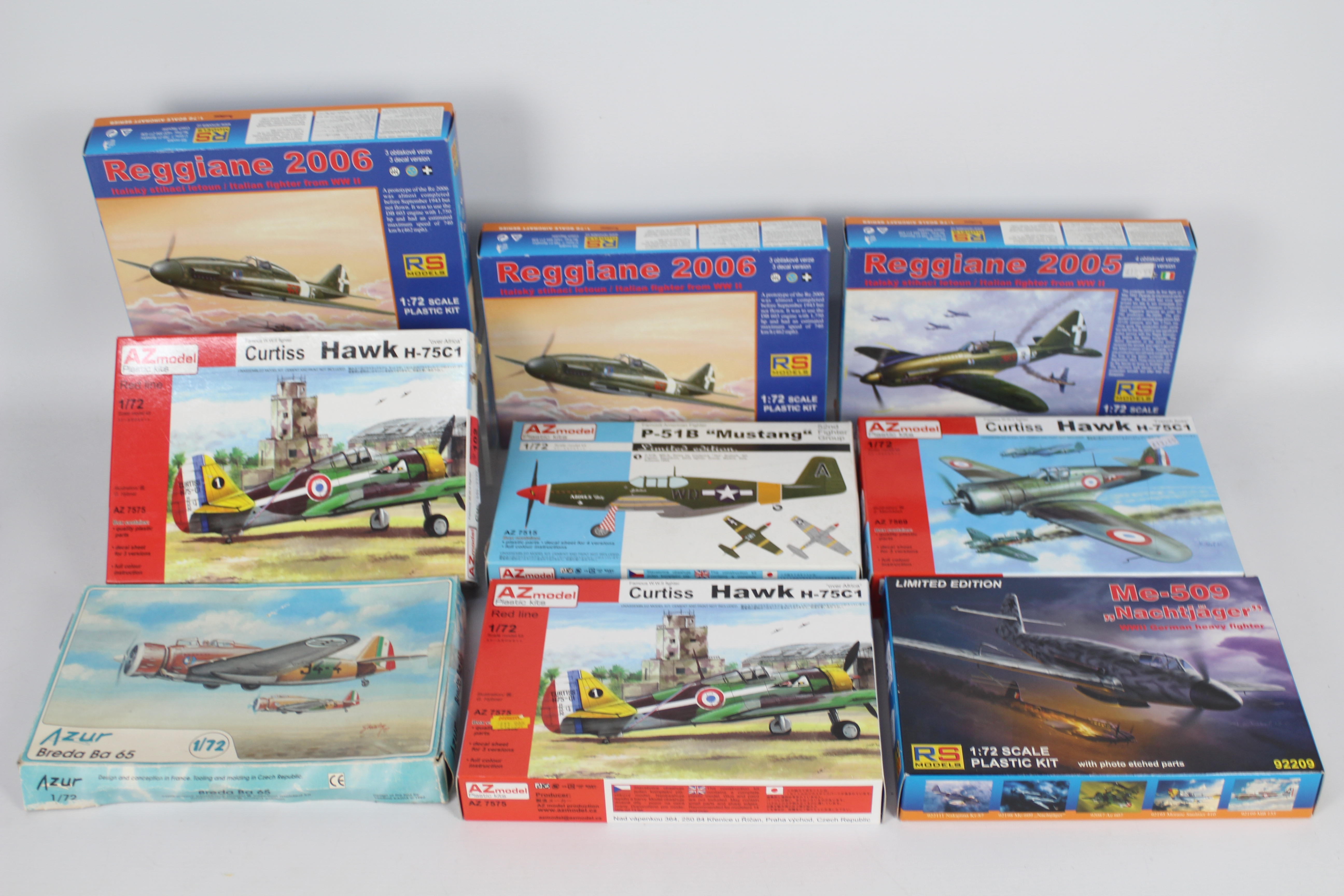 Nine model kits of military aeroplanes by Azmodels (4), Rsmodels (4) and Azur (1),