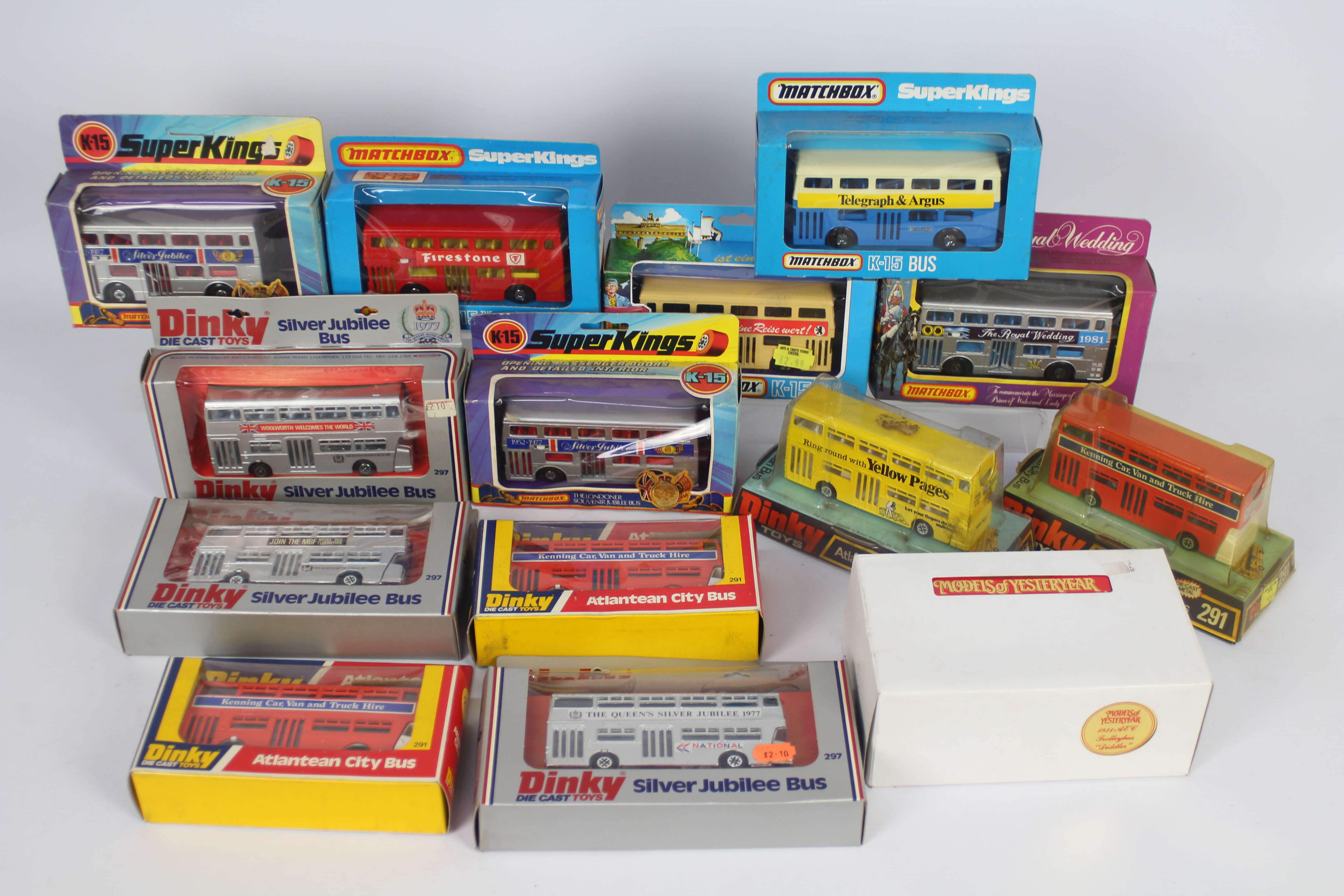 Dinky - Matchbox - 14 x boxed bus models including Dinky # 291 Leyland Atlantean in Kenning livery