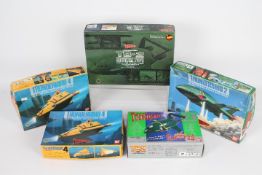 Bandai, IMAI - Five boxed plastic 'Thunderbird' themed plastic model kits and a model.