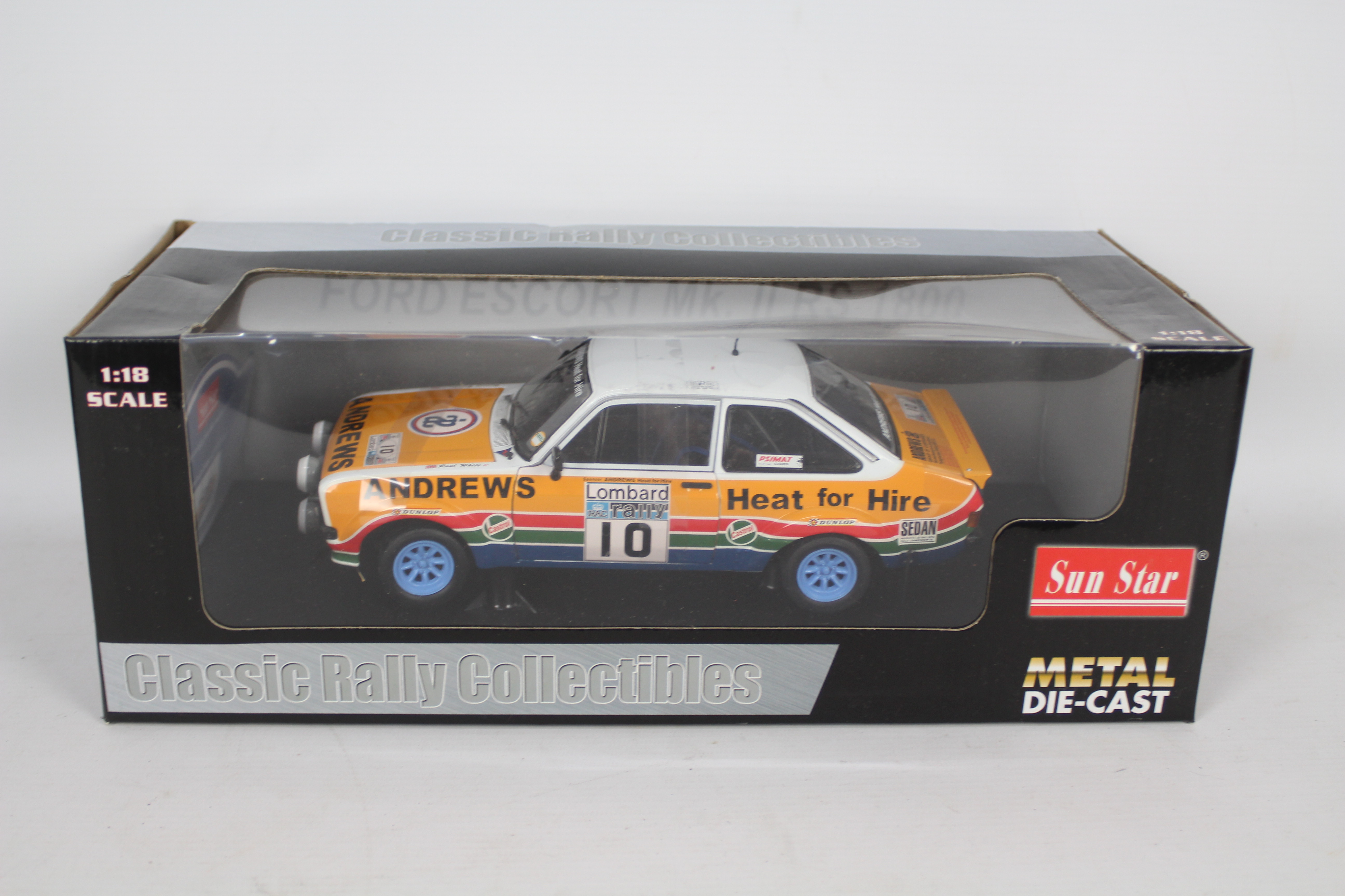 Sun Star - A boxed 1:18 scale Ford Escort MkII RS1800 1979 Lombard RAC Rally car in Andrews Heat