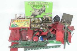 Meccano - A box of assorted Meccano parts including a box and instruction book for Accessory Outfit