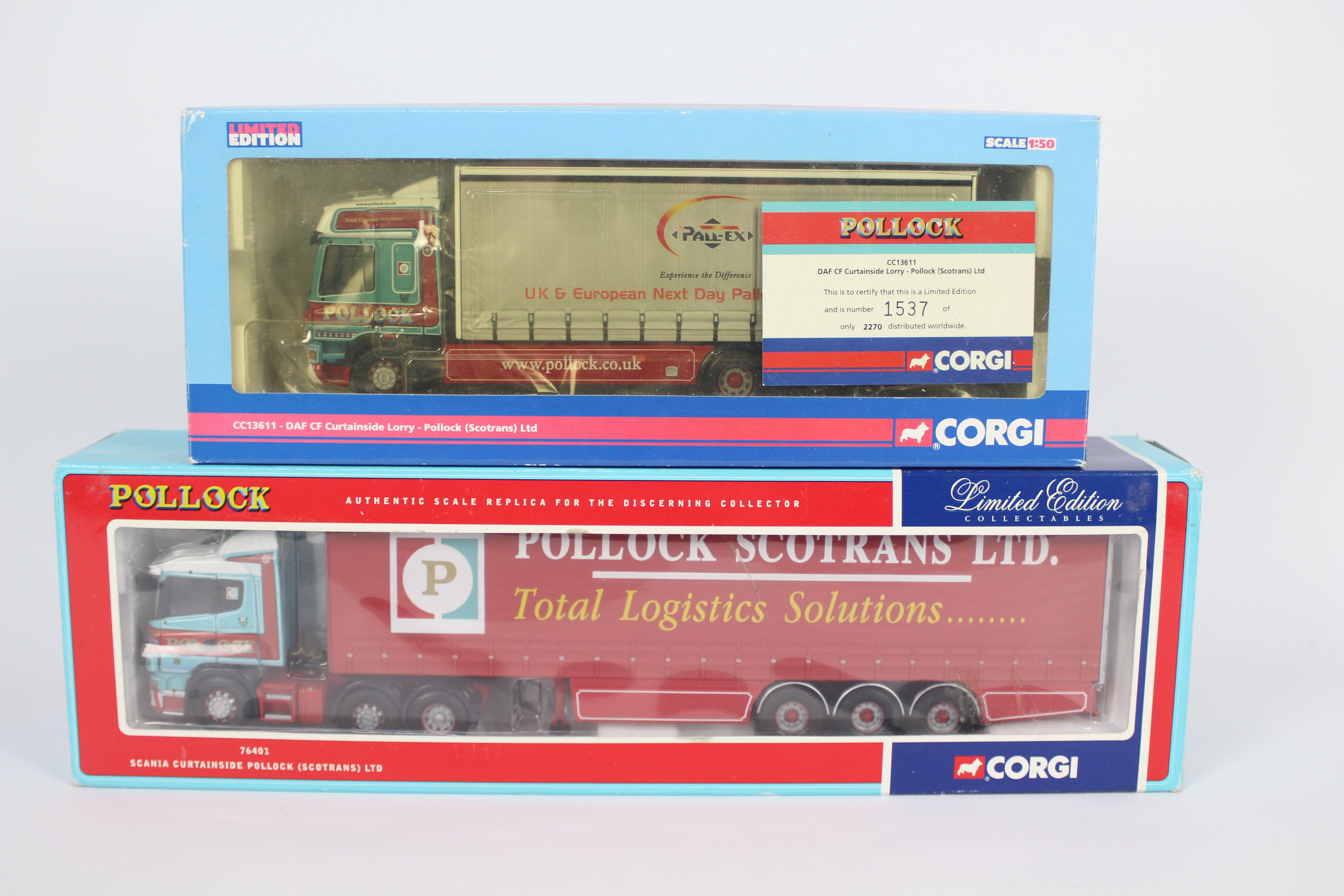 Corgi - 2 x limited edition trucks in 1:50 scale in Pollock Scotrans livery,