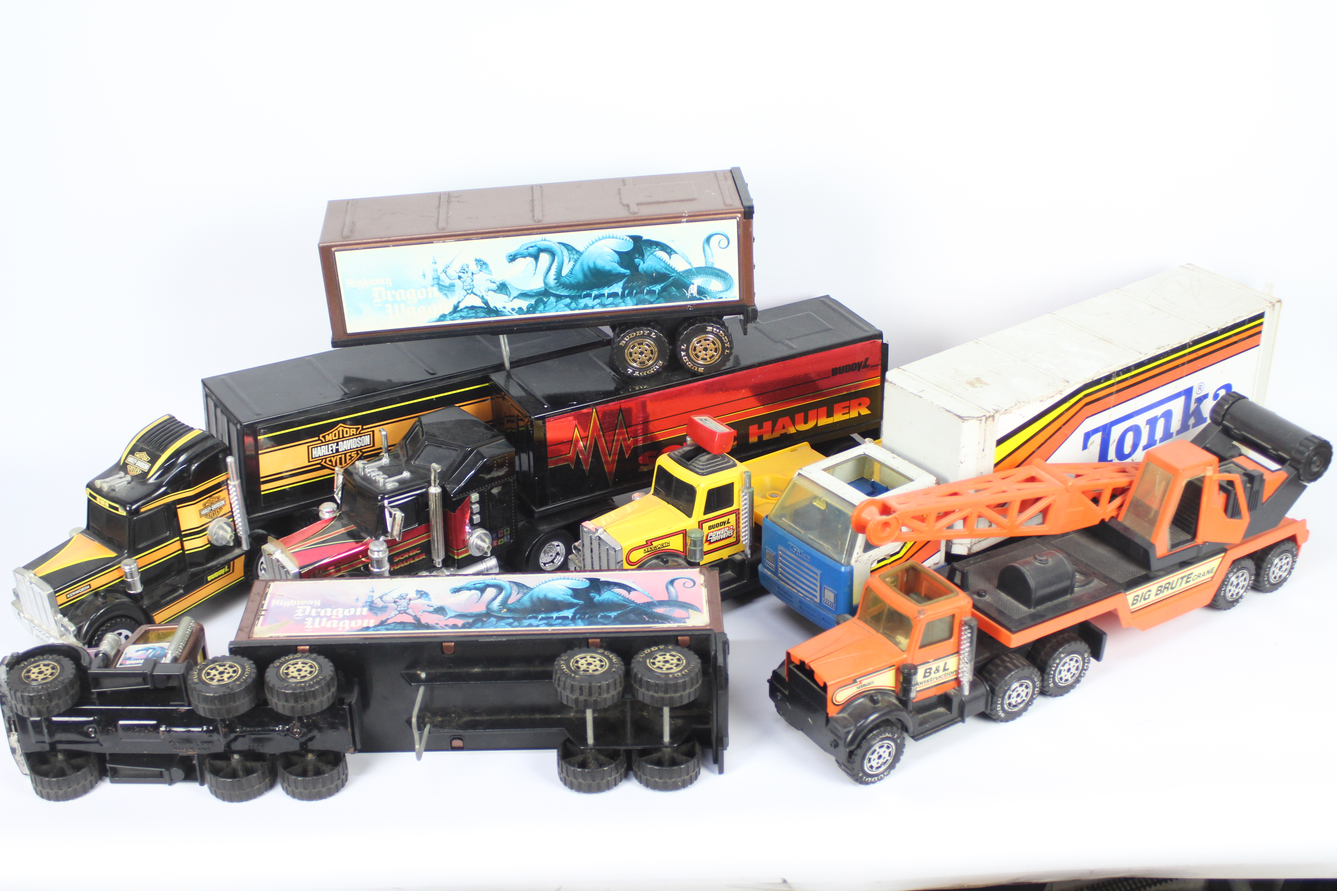 Buddy L - Tonka - 6 x vintage pressed steel American style trucks including a Sonic Hauler,