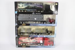 NewRay - 4 x boxed American trucks in 1:32 scale, a Kenworth W900 tipper with trailer,