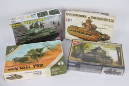 Spijnia, Tamiya, Hobby Boss, Tristar - Four boxed plastic model tank kits in various scales.
