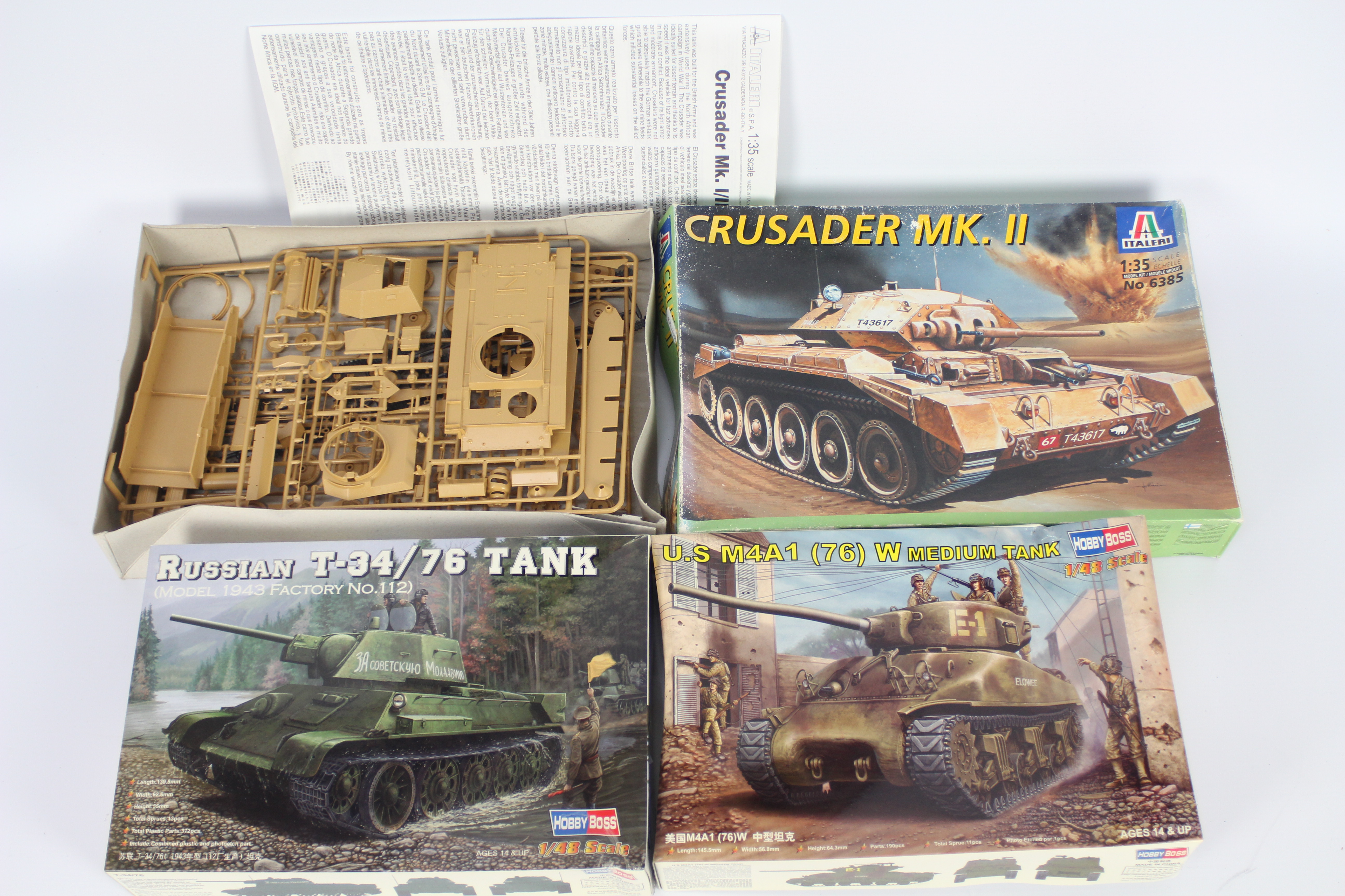 Italeri, Hobby Boss - Three boxed plastic model tank kits.
