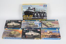 Italeri, Revell - Seven boxed plastic military vehicle model kits mainly in 1:72 scale.