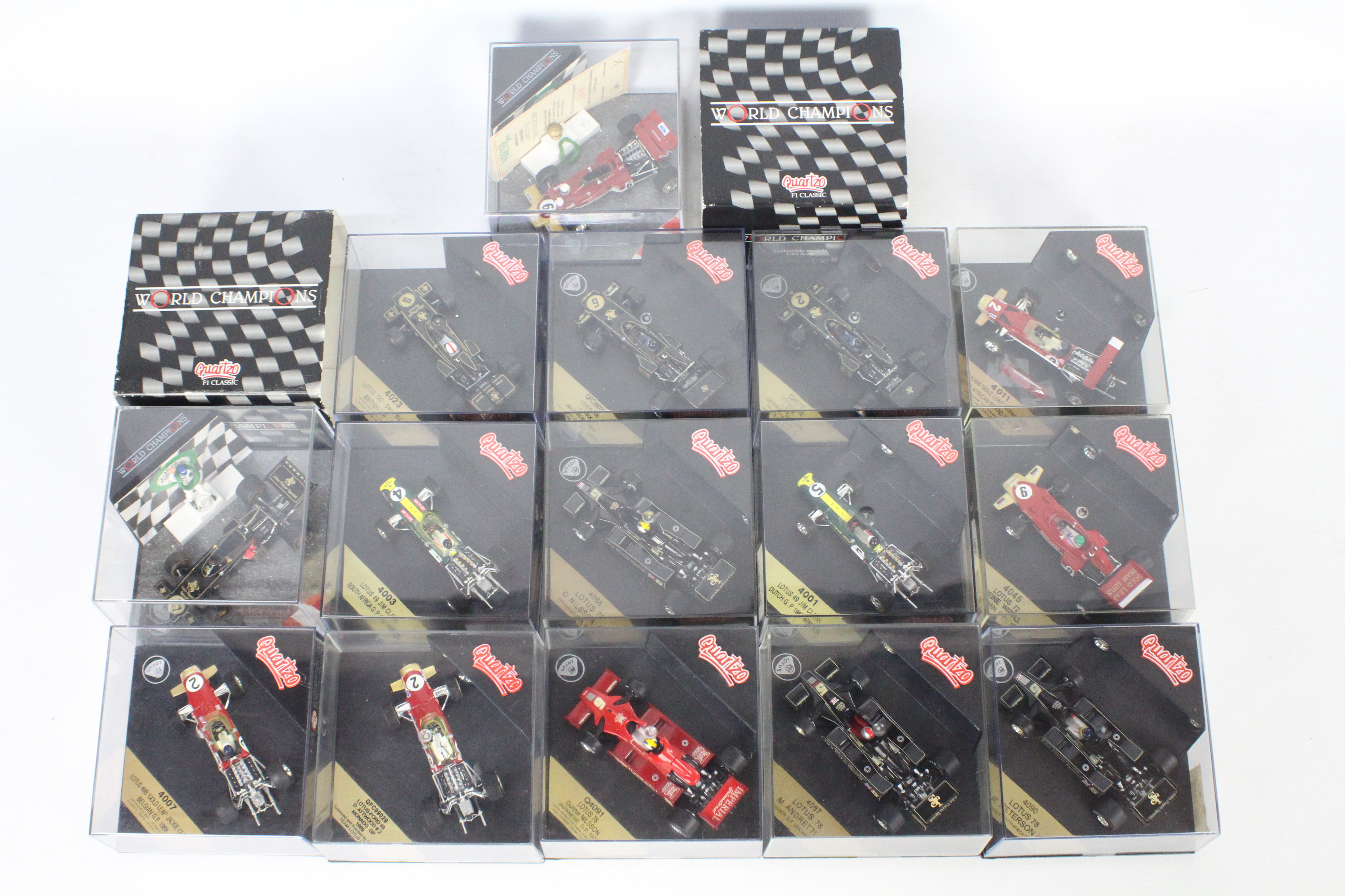 Quartzo - 15 x boxed 1:43 scale Lotus Formula One cars including 1968 Jim Clark Lotus 49 # 4003,