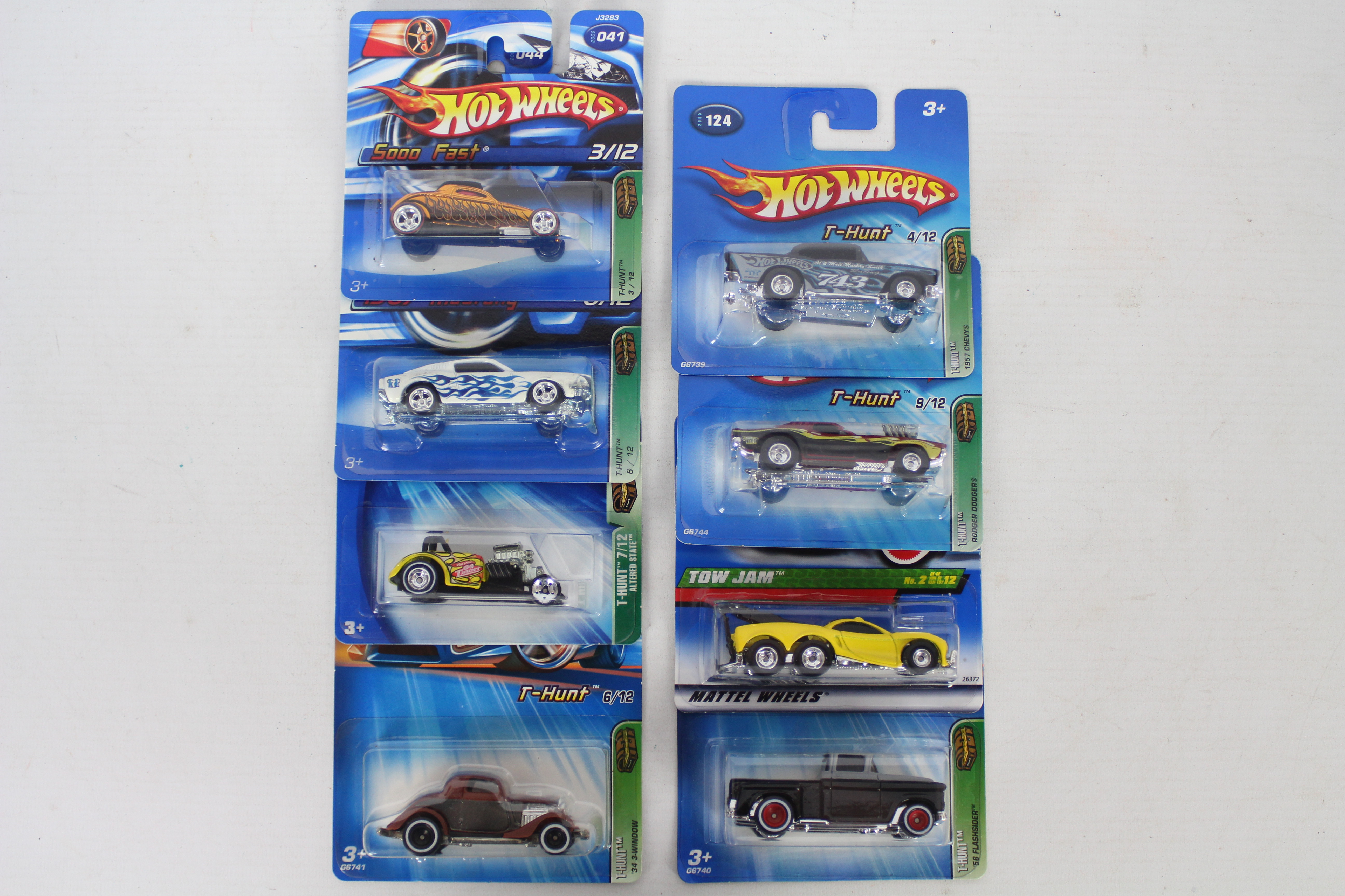 Hot Wheels - Treasure Hunt - 8 x unopened carded models, Soo Fast # J3283, 67 Mustang # J3286,