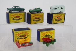 Matchbox - Moko Lesney - 5 x boxed models, Jaguar D Type # 41, Berkeley Caravan # 23,