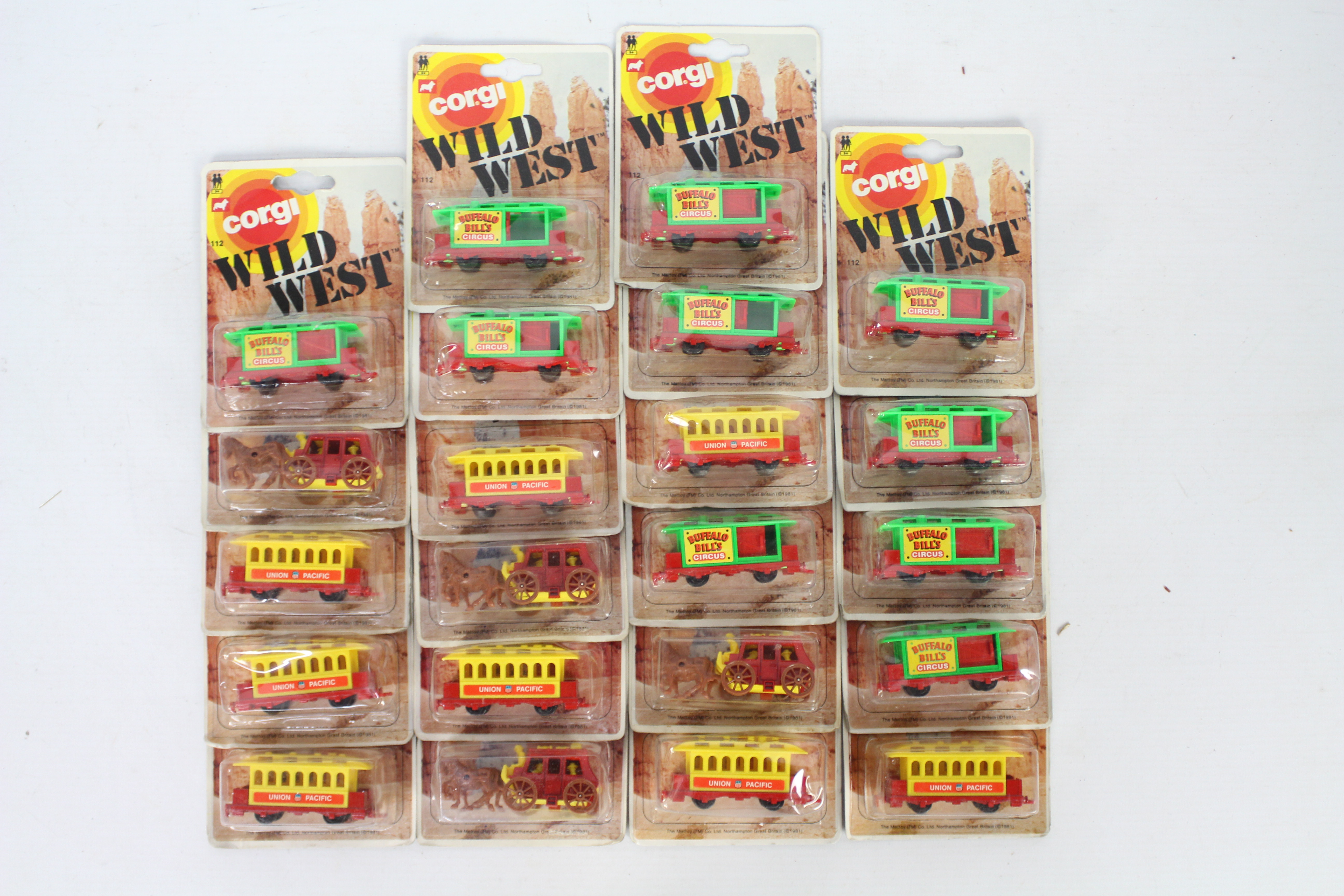 Corgi Juniors - A box of 22 carded Corgi Junior 'Wild West' diecast vehicles.