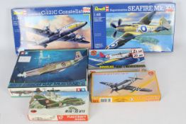 Revell, Tamiya, Airfix, KP - six boxed plastic military aircraft model kits in various scales.