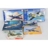 Revell, Tamiya, Airfix, KP - six boxed plastic military aircraft model kits in various scales.