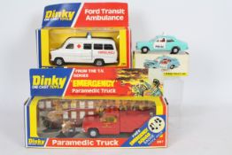 Dinky - 3 x boxed models, # 267 Paramedic Truck with two figures, # 270 Ford Escort Panda car,