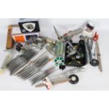 A mixed lot to include a MFA power panel, 7 model aircraft engines some with attached props,