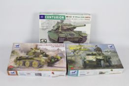AFV Club, Bronco Models - Three boxed 1:35 scale plastic military vehicle model kits.