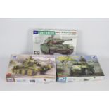 AFV Club, Bronco Models - Three boxed 1:35 scale plastic military vehicle model kits.