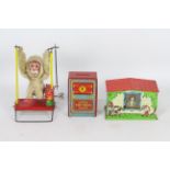 Tin toy bundle. Wind up monkey, Coin Bank, Home Savings Bank.
