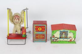 Tin toy bundle. Wind up monkey, Coin Bank, Home Savings Bank.