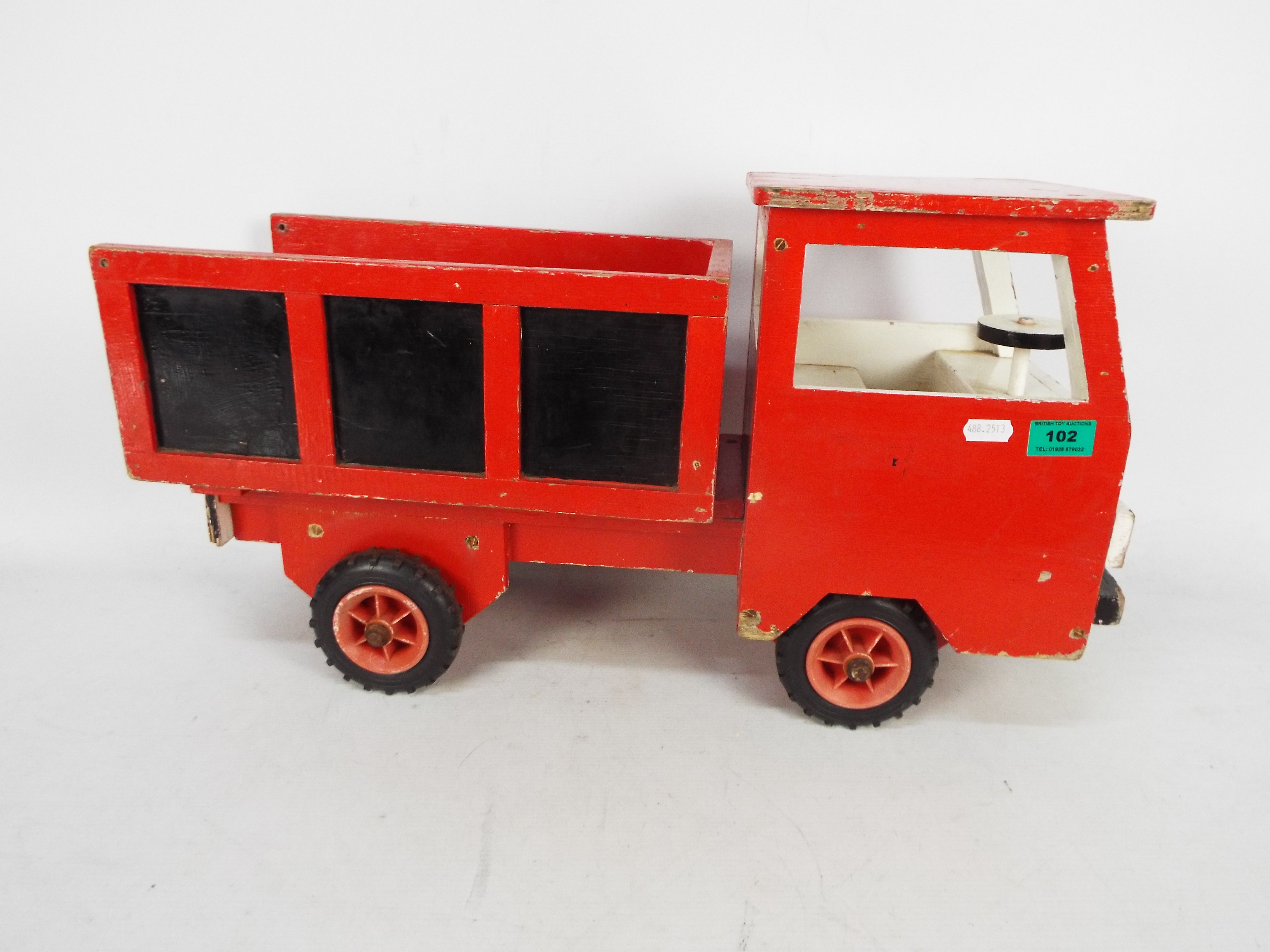 A vintage hand-made wooden tipper truck painted red with black panels and white driver's cab, - Image 2 of 5
