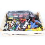 A large collection of heavily play worn die cast vehicles including Matchbox, Dinky Toys Bburago.