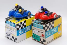 Scalextric - Two boxed vintage Scalextric racing motorcycles and sidecars.