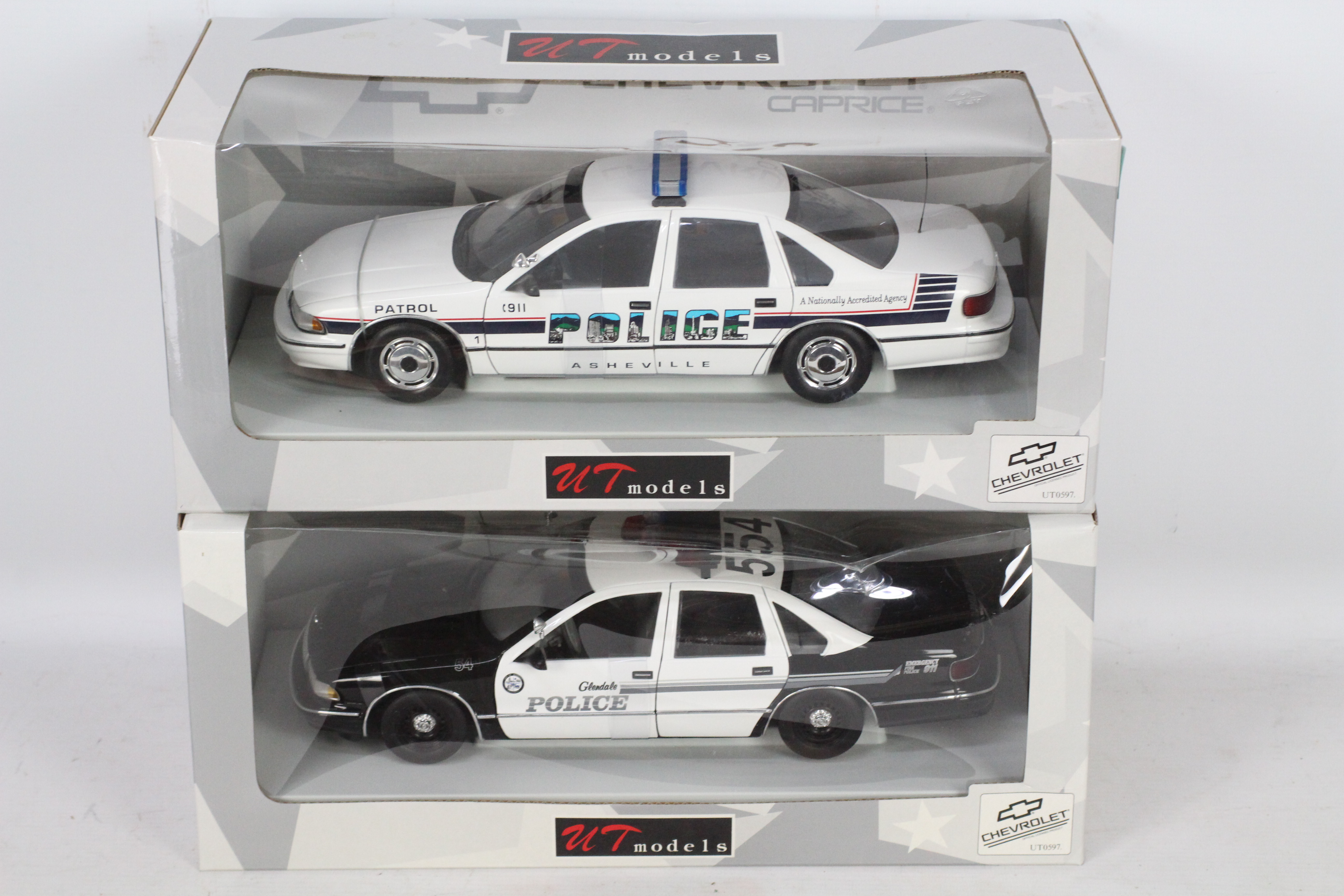 UT Models - Two boxed 1:18 scale UT Models UT0597 Chevrolet Caprice US police cars in Glendale PD