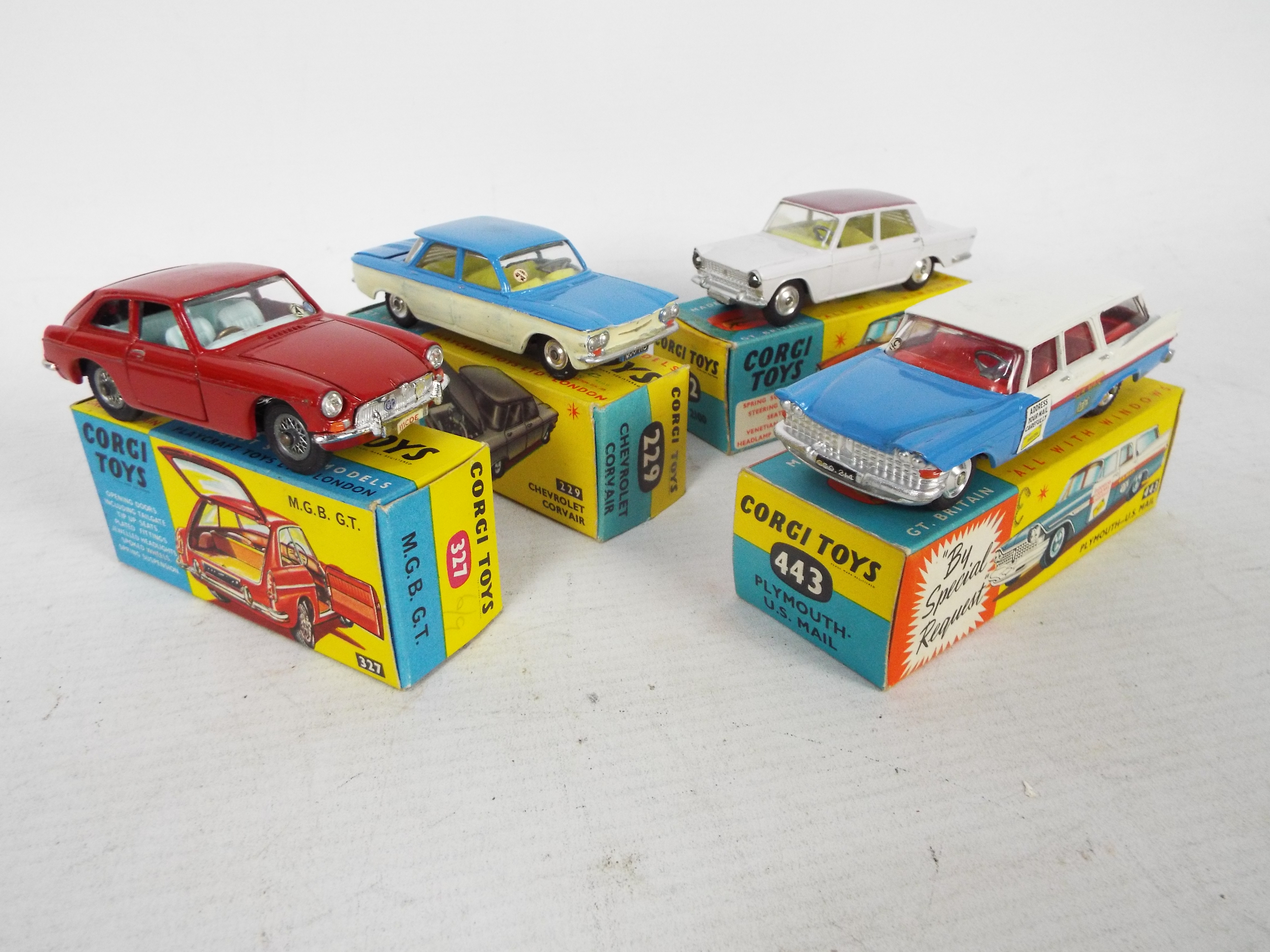 Corgi - 4 x boxed cars, MGB GT # 327, Chevrolet Corvair # 229, - Image 2 of 3