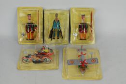 Paya - 5 x modern tinplate clockwork toys including motorcycle and sidecar, aeroplane and three men.