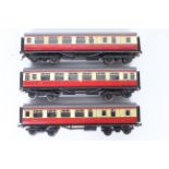 Bassett Lowke - 3 x unboxed O gauge BR crimson and cream coaches.