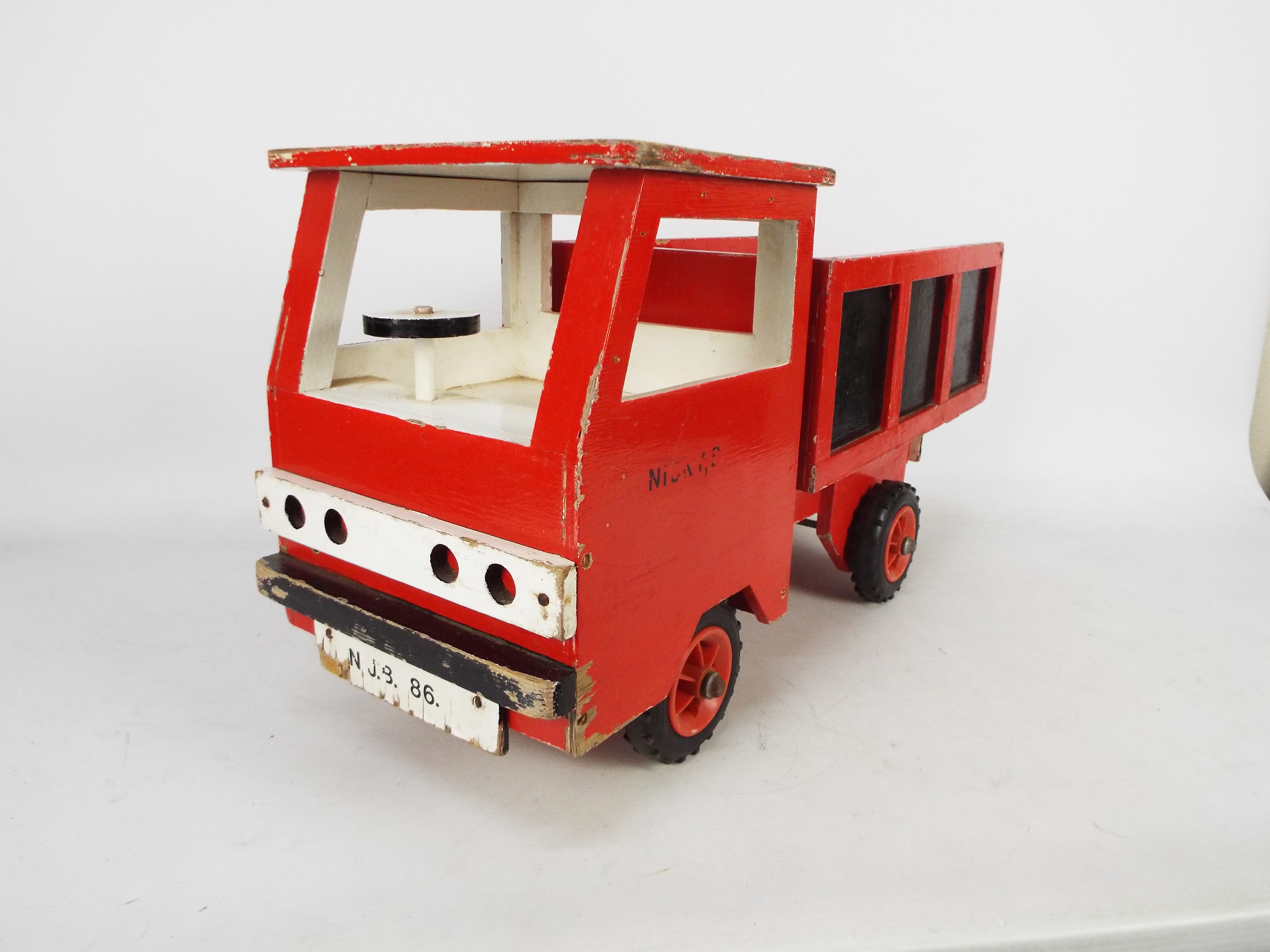 A vintage hand-made wooden tipper truck painted red with black panels and white driver's cab, - Image 4 of 5