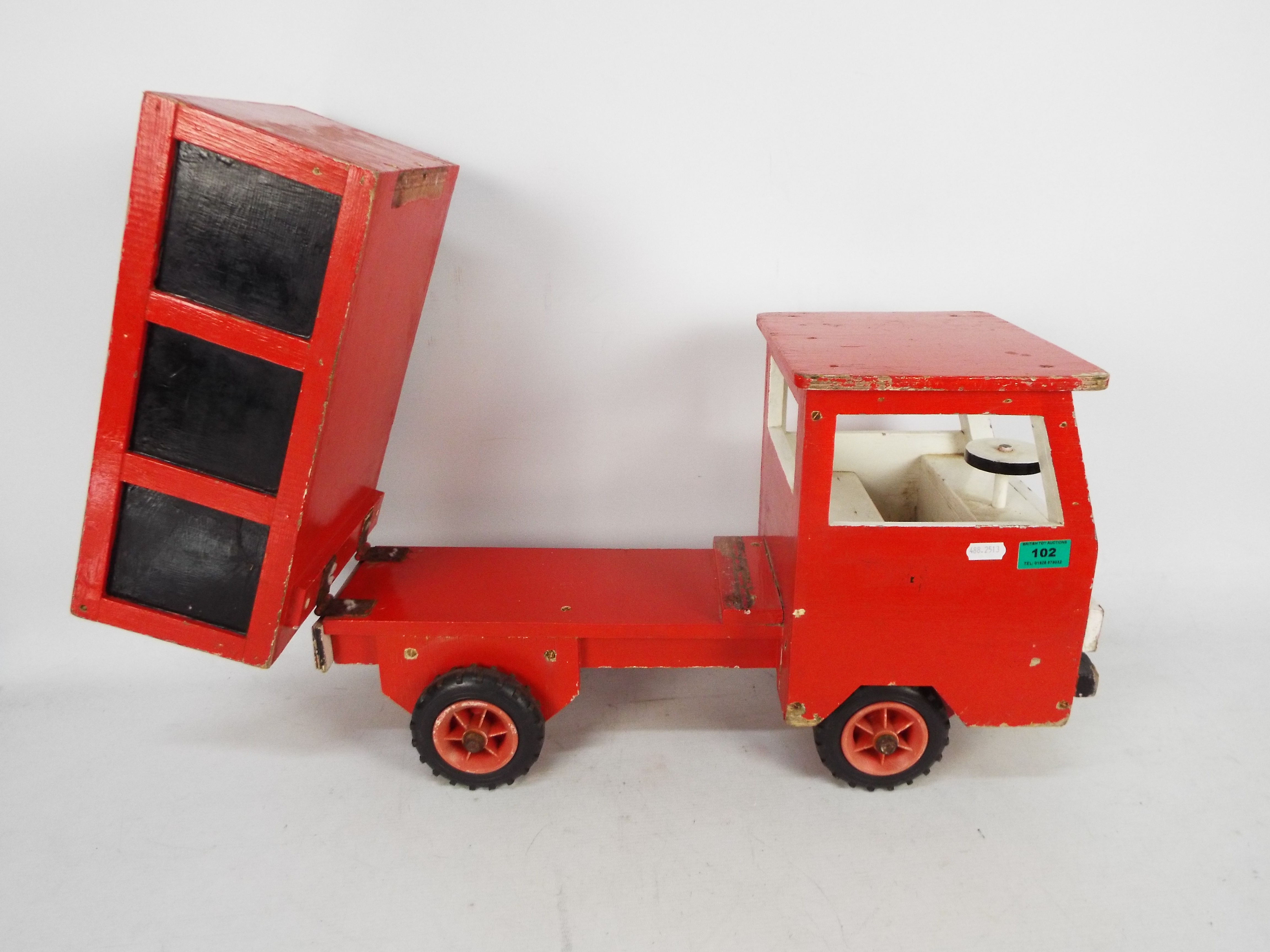 A vintage hand-made wooden tipper truck painted red with black panels and white driver's cab, - Image 3 of 5