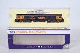 Dapol - A boxed N Gauge Class 66 named Blue Lightning number 66702 in weathered finished GBRf