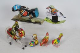 ZZ - Tobar - 6 x clockwork tinplate toys including a Knight on Horseback, a Woodpecker,