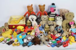 A collection of Soft Toys - Tigures - Cars - Featuring Vintage Rupert Bear Squishy - Corgi - Fisher