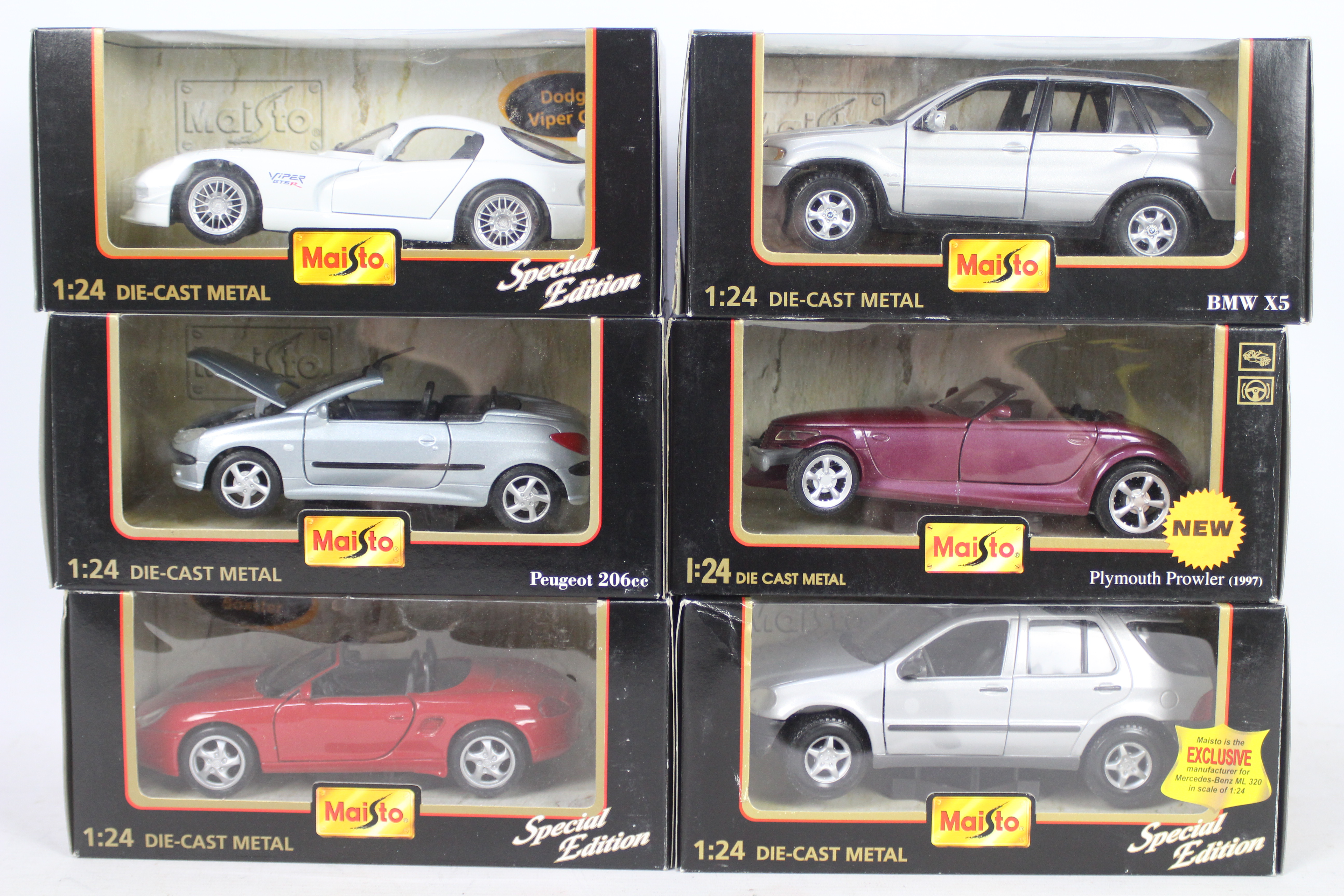 Maisto - 6 x boxed 1:24 scale models featuring BMW X5 - Plymouth Prowler 1997 - Special Edition