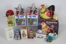 Metalmania - Kovap - Welby - 8 x tinplate toys including a battery operated Hen, two Baby Robots,