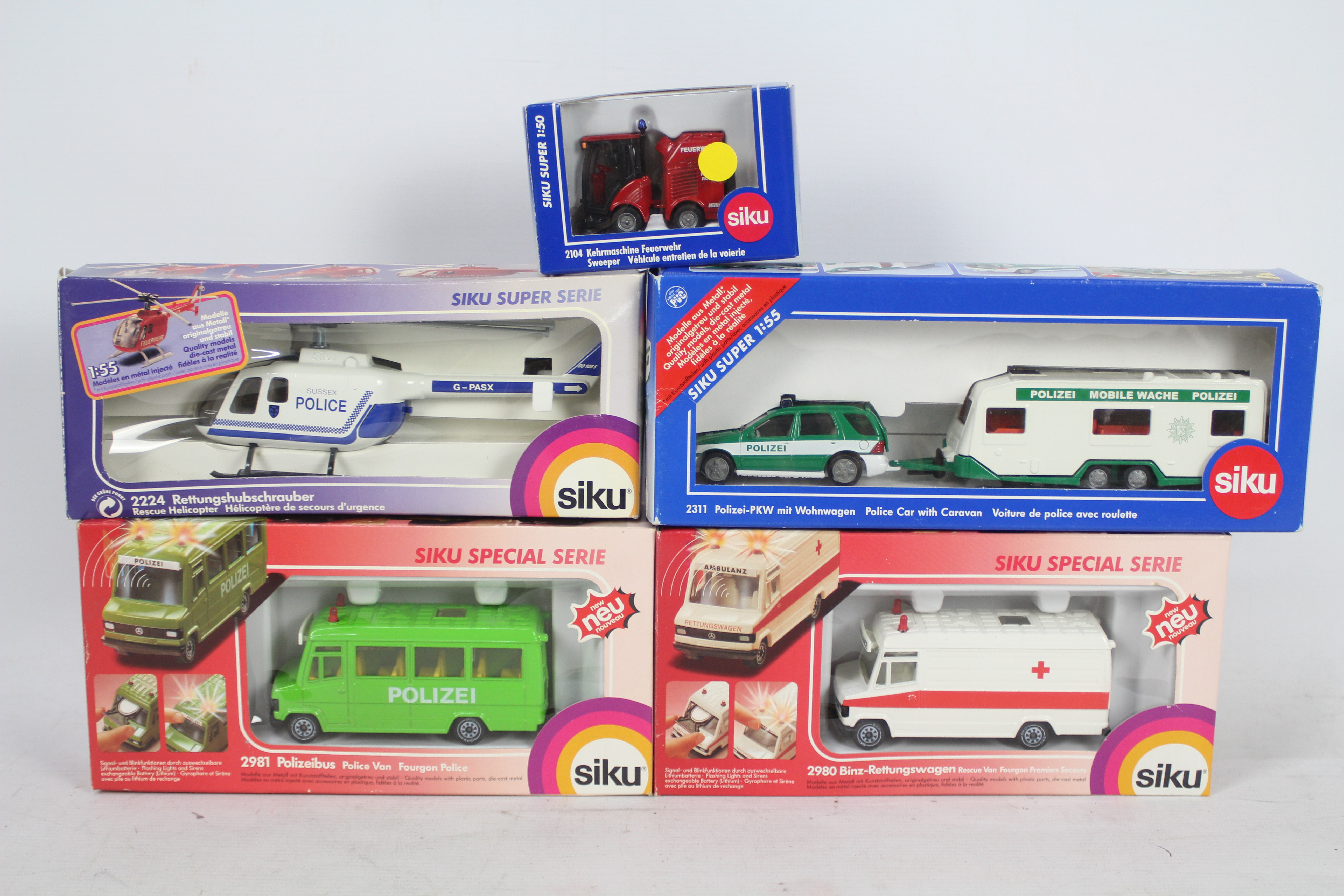Siku - A group of five boxed 1:50 and 1:55 scale diecast European Fire / Emergency Vehicles from