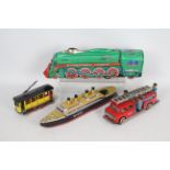 Rattandeep - MF - 4 x clockwork / friction powered tinplate toys including a Fire Engine,