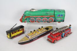 Rattandeep - MF - 4 x clockwork / friction powered tinplate toys including a Fire Engine,