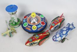 Tobar - Metalmania - Schylling - 5 x tinplate clockwork toys including two Rocket Racers,