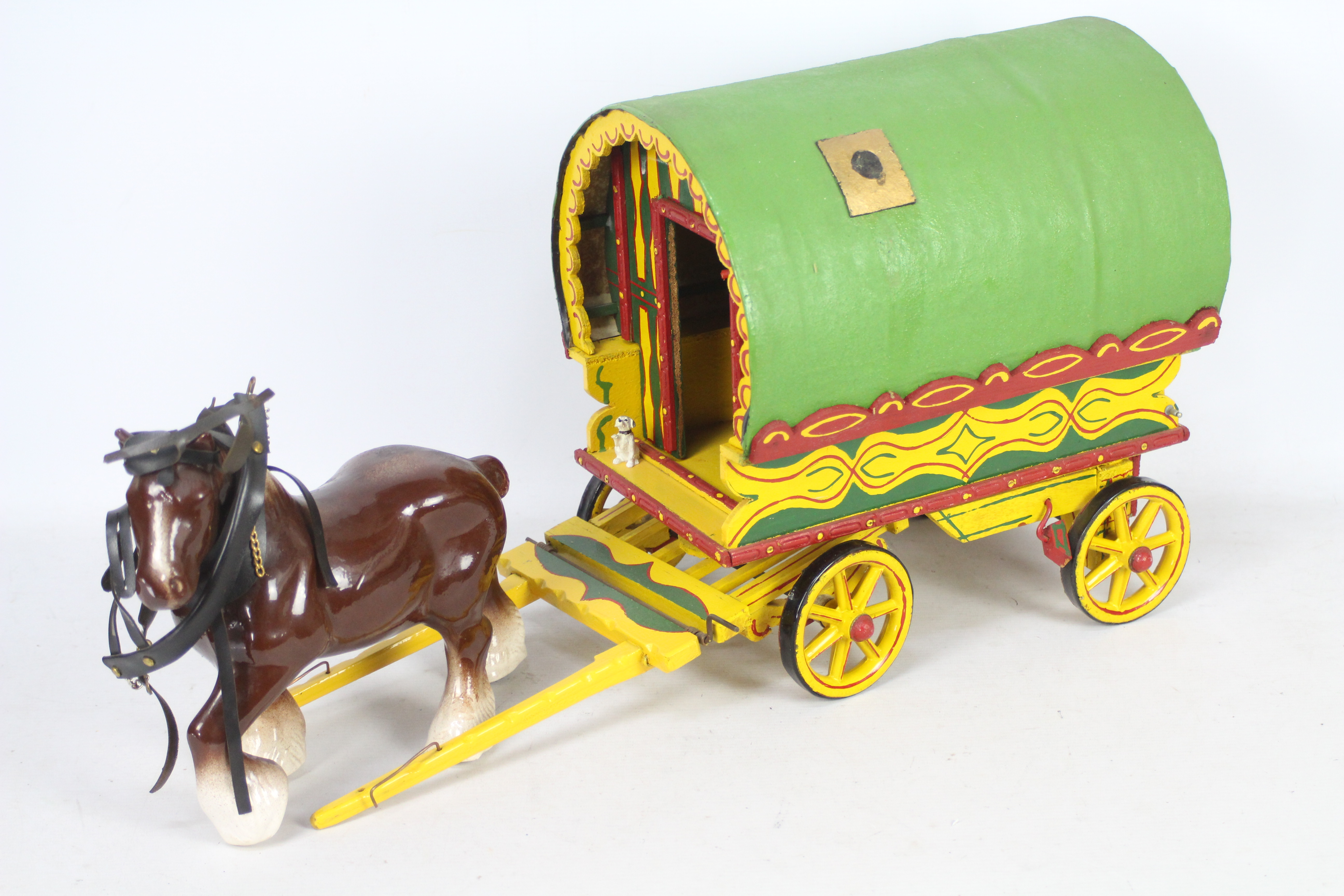 Unknown Maker - A scratch built wooden Romany Caravan with ornamental shire horse.