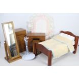 Doll Furniture - A collection of wooden 1/3 scale dolls furniture with three doll stands.
