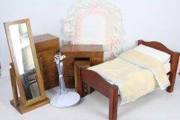 Doll Furniture - A collection of wooden 1/3 scale dolls furniture with three doll stands.