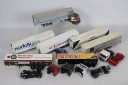 Tekno - Seven unboxed and playworn Tekno 1:50 scale model vehicles in various liveries.