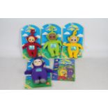 Golden Bear - Four 1996 Teletubbies and a Teletubbies book - Lot includes Tinky Winky, Laa-Laa, Po,