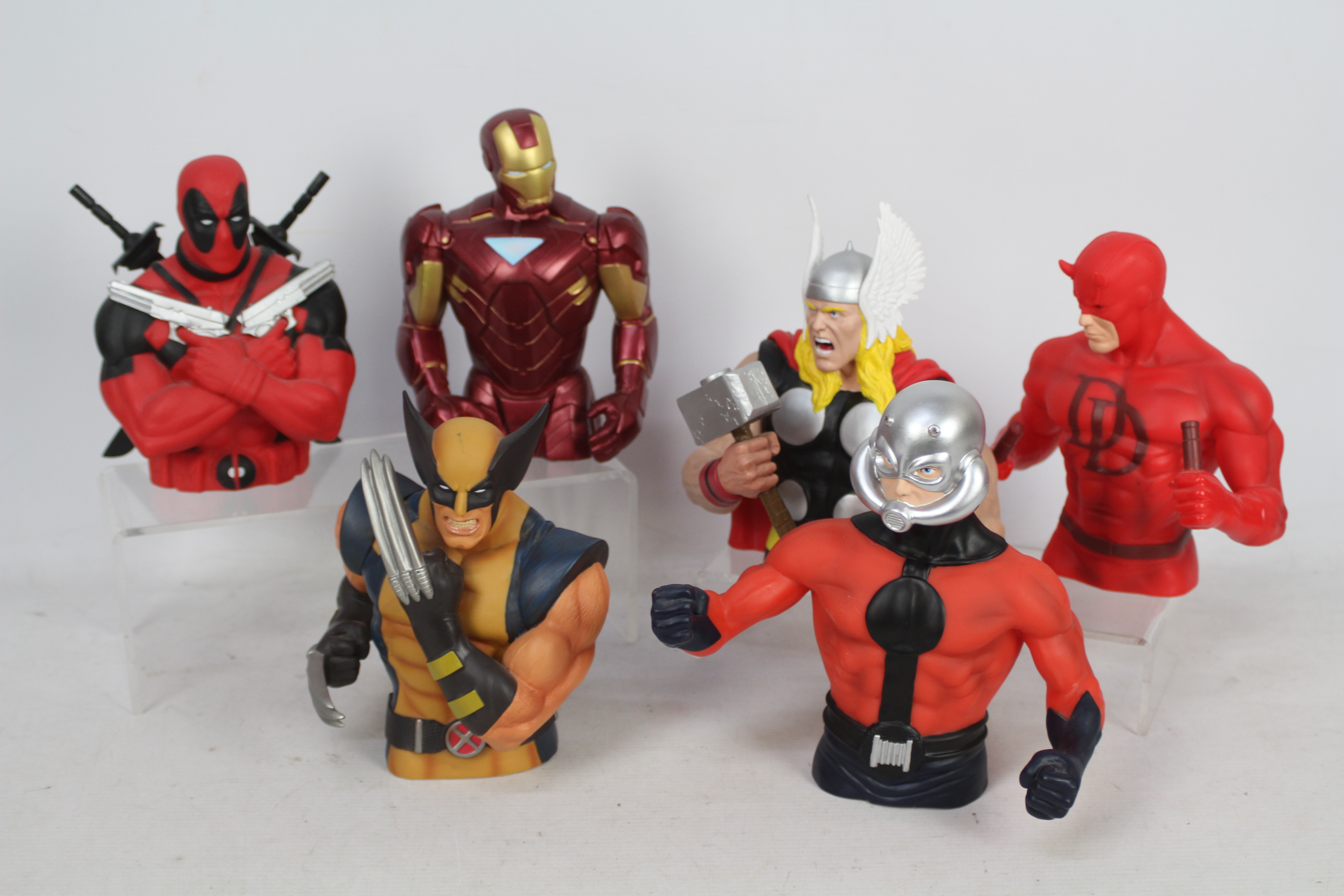A collection of six Marvel Money Bank Busts to include - Deadpool - Thor - Wolverine.