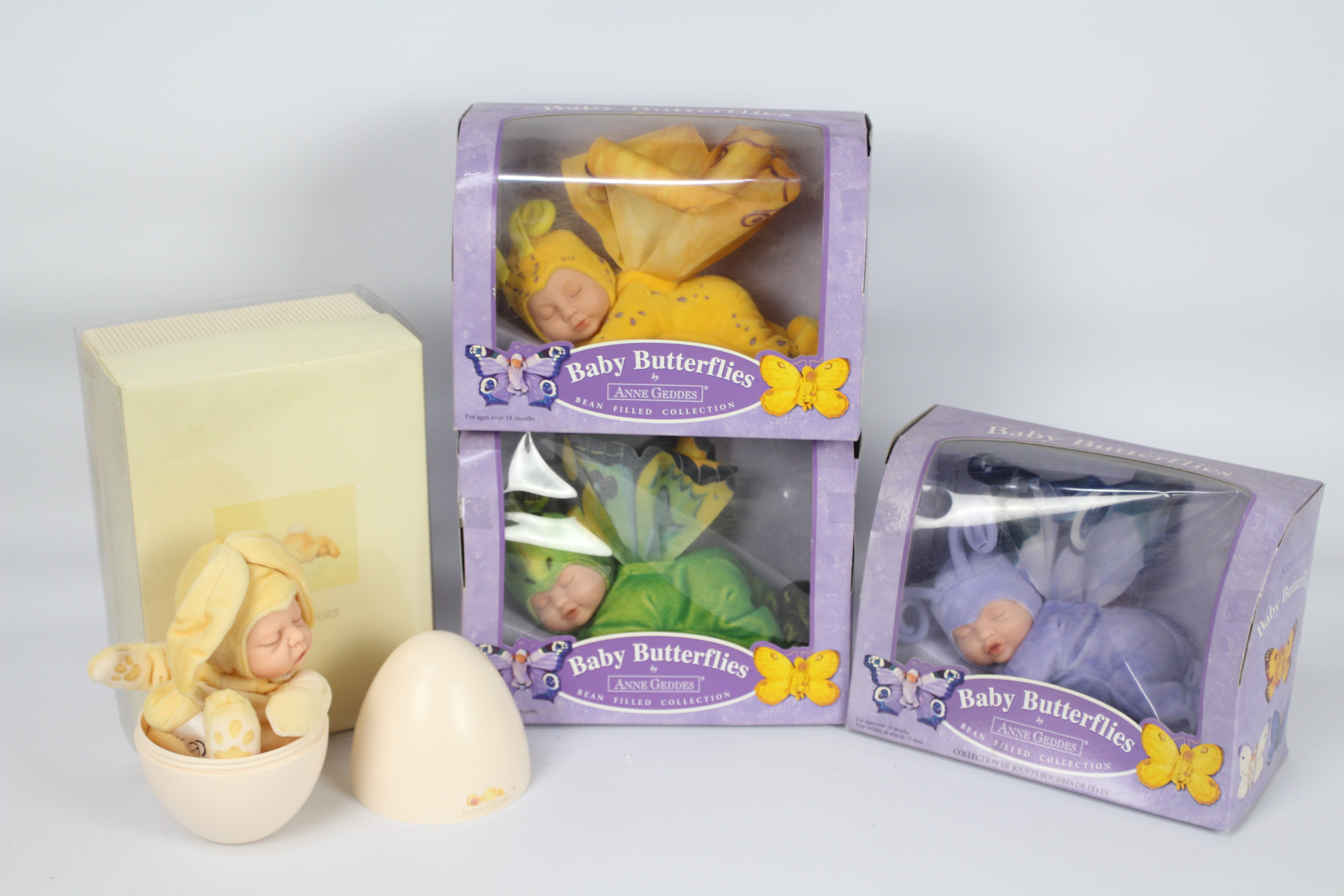 Anne Geddes, Baby Butterflies and Baby Egg - Three boxed and bean filled Baby Butterflies in green,